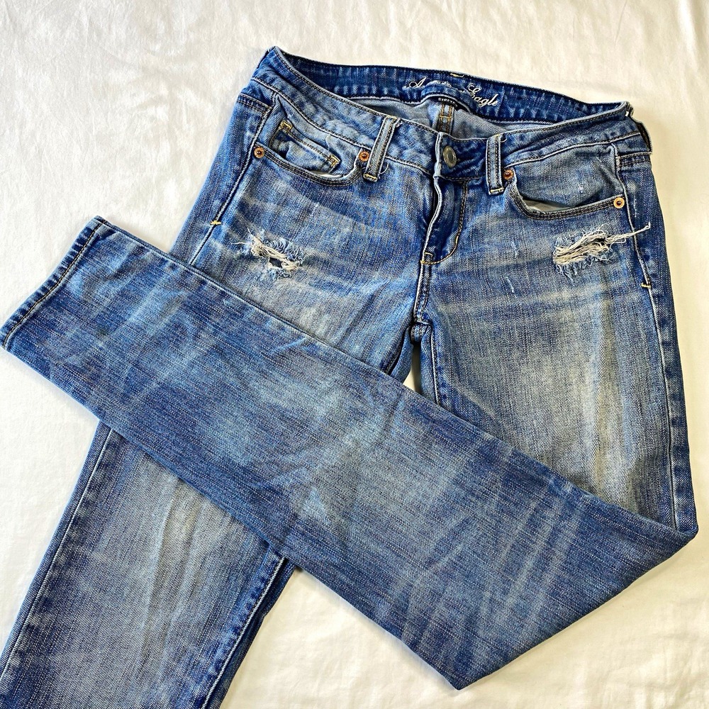 American Eagle Women's Skinny Jeans Slim Fit Light Wash Blue Distressed Stretch